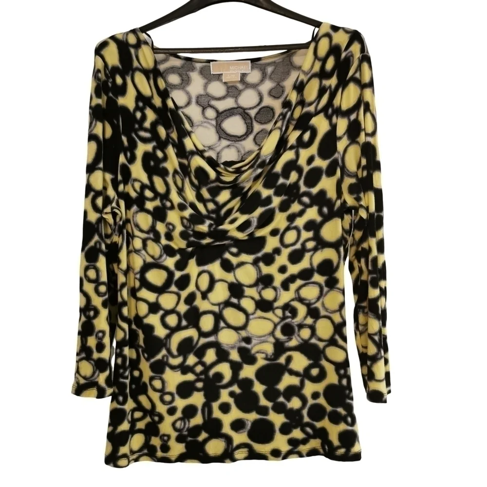 Michael Kors 3/4 Sleeve Yellow Black Top Draped, Scoop Neck Sz L Open To Offers - Picture 7 of 10